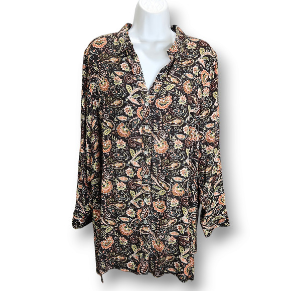 J Jill Buttoned Tunic Blouse Large Petite Black Pink Floral Filigree Lightweight - Picture 1 of 10